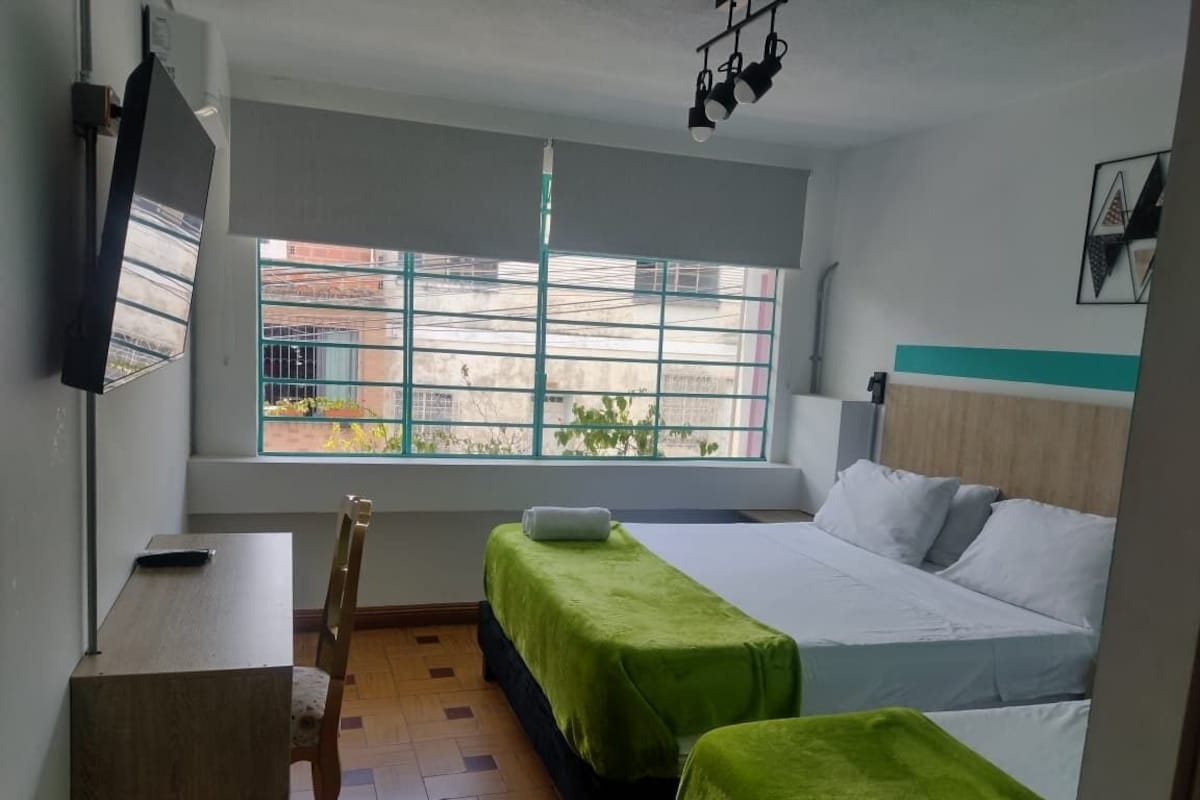 Una habitación con una cama, dos mesitas de noche, una silla, un escritorio y una ventana con vistas.
