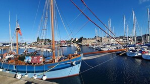 Ein Yachthafen mit mehreren Segelbooten, einer hölzernen Anlegestelle und blauem Himmel.