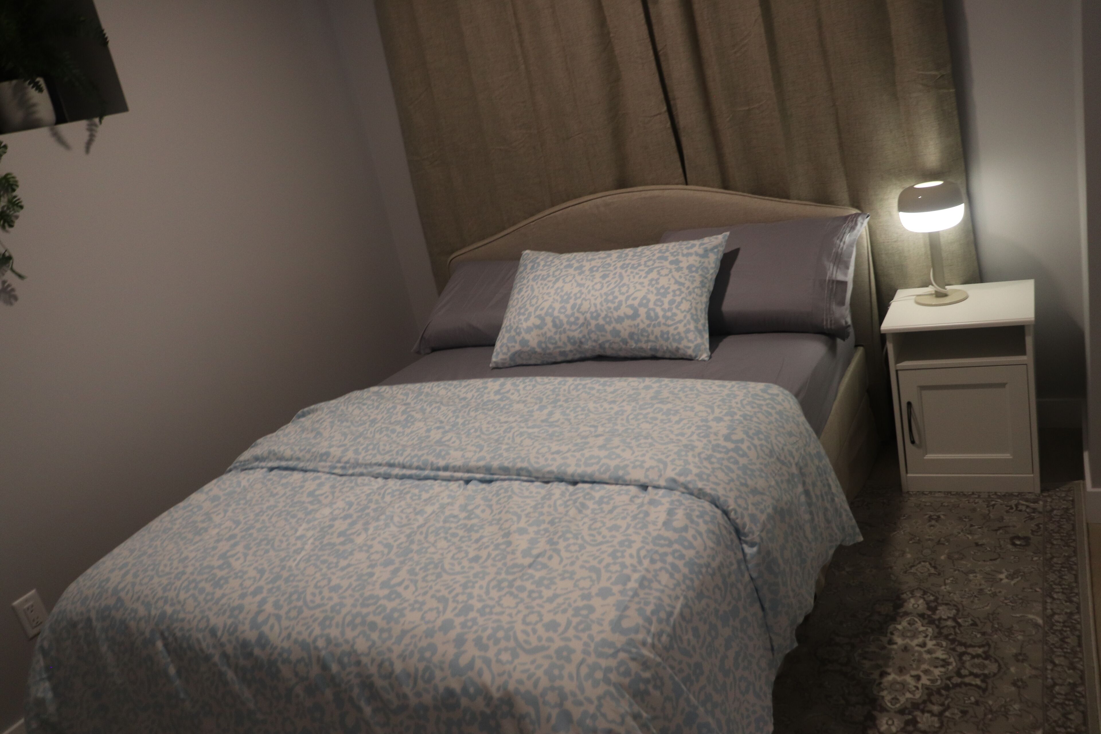 A bedroom with a bed, a nightstand with a lamp, a door, and a wall-mounted plant.