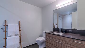 Hair dryer, towels, soap, toilet paper