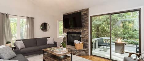 Smart TV, chimenea y libros
