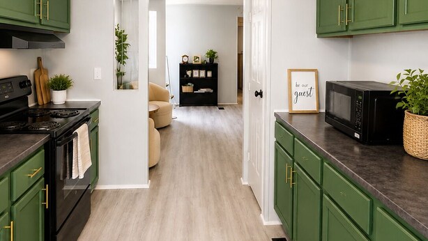 A kitchen with green cabinets, a black stove, and a microwave. There is a hallway leading to a living area with a sofa and a black bookshelf.
