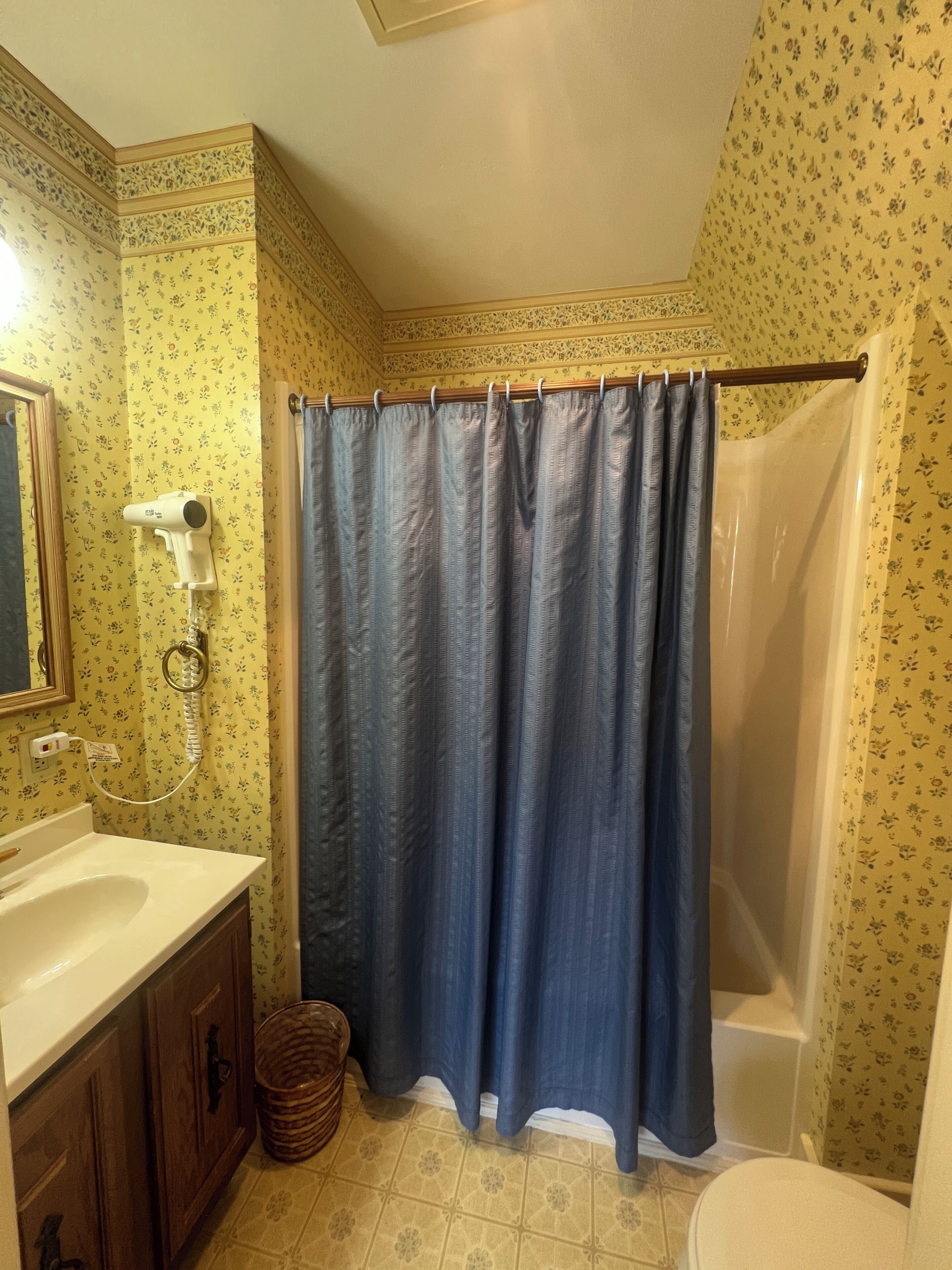Bagno con tenda da doccia, asciugacapelli, lavandino e carta da parati decorata.