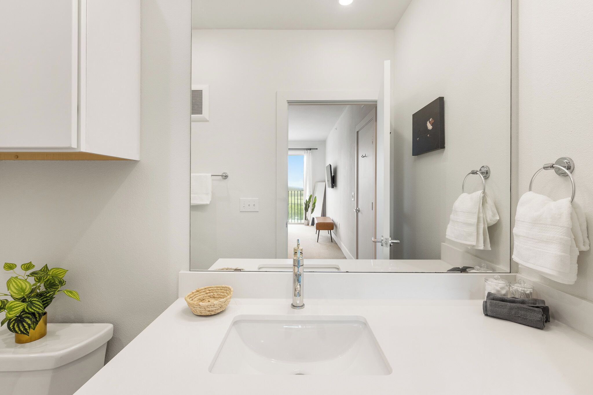 A modern bathroom with a large mirror, white sink, and a potted plant.