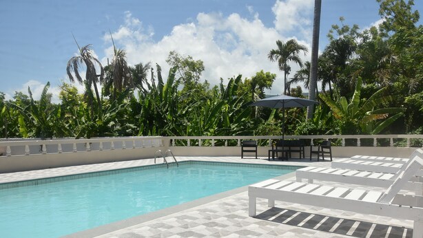 A swimming pool with tiled steps and lounge chairs, surrounded by lush greenery. - Tamarind Tree Hotel (Runaway Bay)