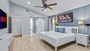 A modern bedroom with a bed, nightstands, a ceiling fan, a TV, and a painting.