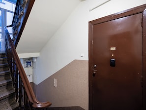 Eine Treppe mit Handlauf, eine braune Tür mit Schloss und eine weiße Wand mit einem Verteilerkasten.