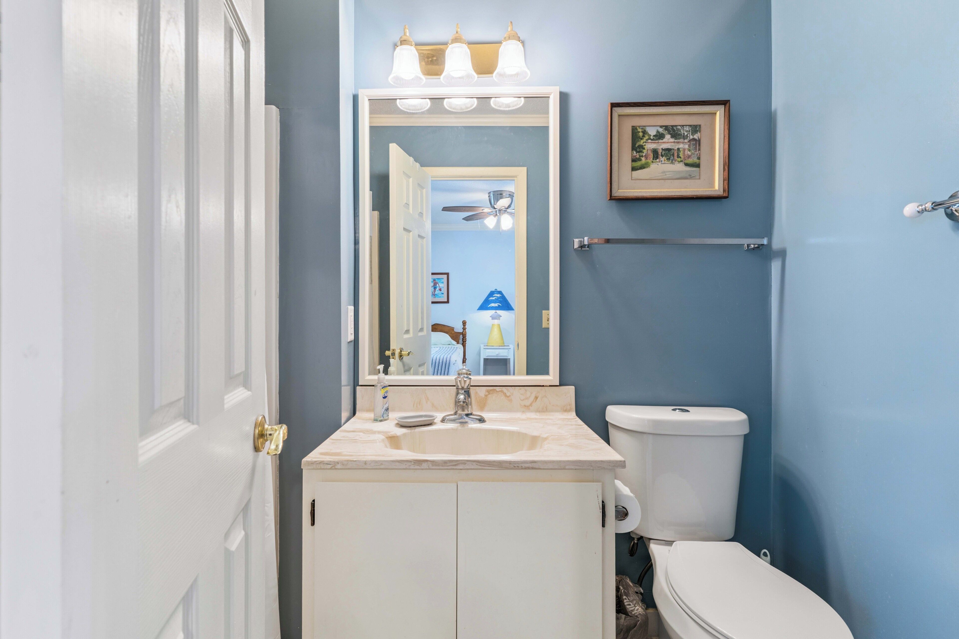 A bathroom with a white sink, a mirror, a toilet, and a framed picture on the wall.