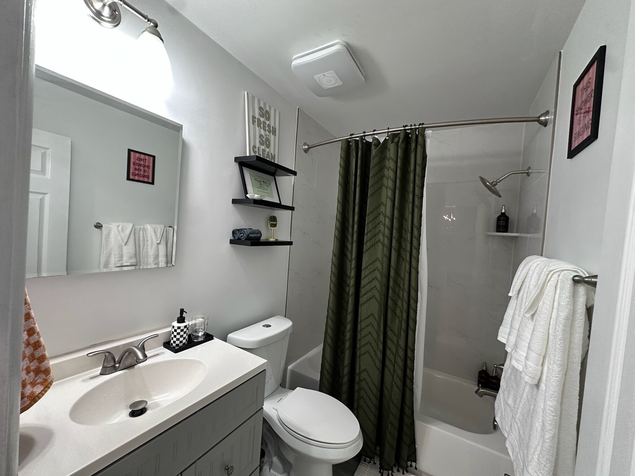 Hair dryer, towels, soap, toilet paper