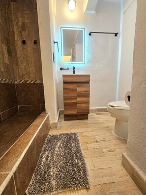 A bathroom with a wooden vanity, a mirror with LED lighting, a toilet, and a shower area. - LUNA Y SOL CARIBE SUITES BY CANCUN PLAZA (Cancún)