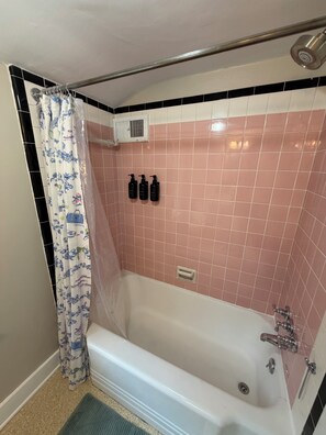 A bathroom with a bathtub, a shower curtain, and three black bottles on the wall. - Charming 3-bedroom house in State College (State College)
