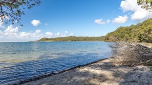 Une plage à l’eau claire, un rivage sablonneux et une colline boisée en arrière-plan.