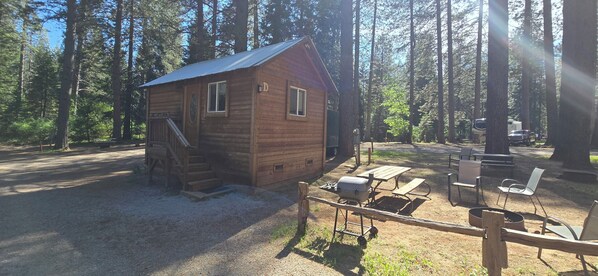 A wooden cabin with a porch, a grill, picnic tables, and chairs in a forest setting.
