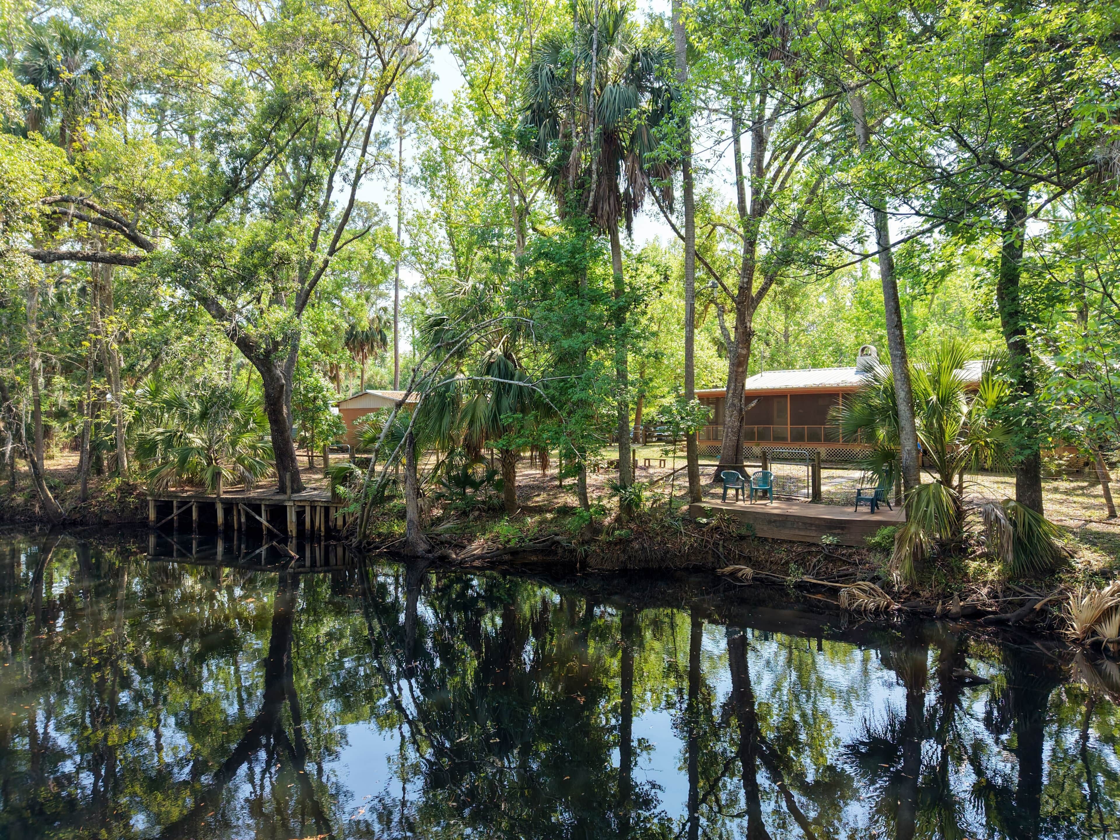 A riverside cabin with a dock, surrounded by dense forest and reflecting trees in the water.