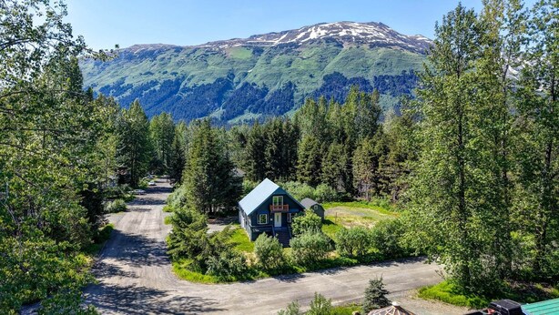 Ein Haus mit blauem Dach, umgeben von dichtem Wald, mit einem Berg im Hintergrund.