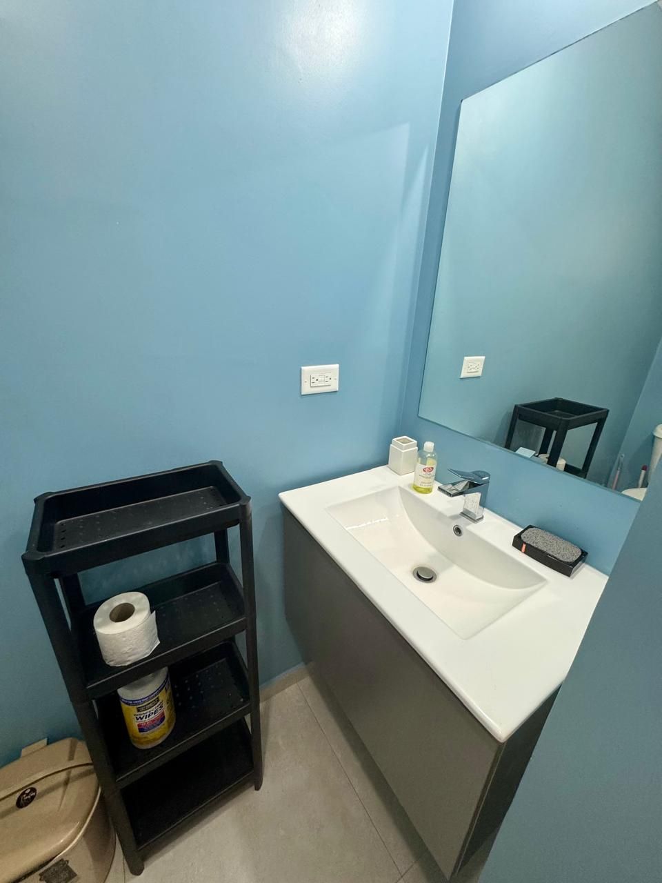 Un baño con un lavamanos blanco, un espejo, un estante negro con un rollo de papel higiénico y un recipiente, y un cubo de basura color beige.