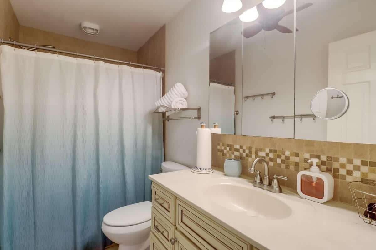 A bathroom with a shower curtain, toilet, sink with soap dispenser, and a mirror.