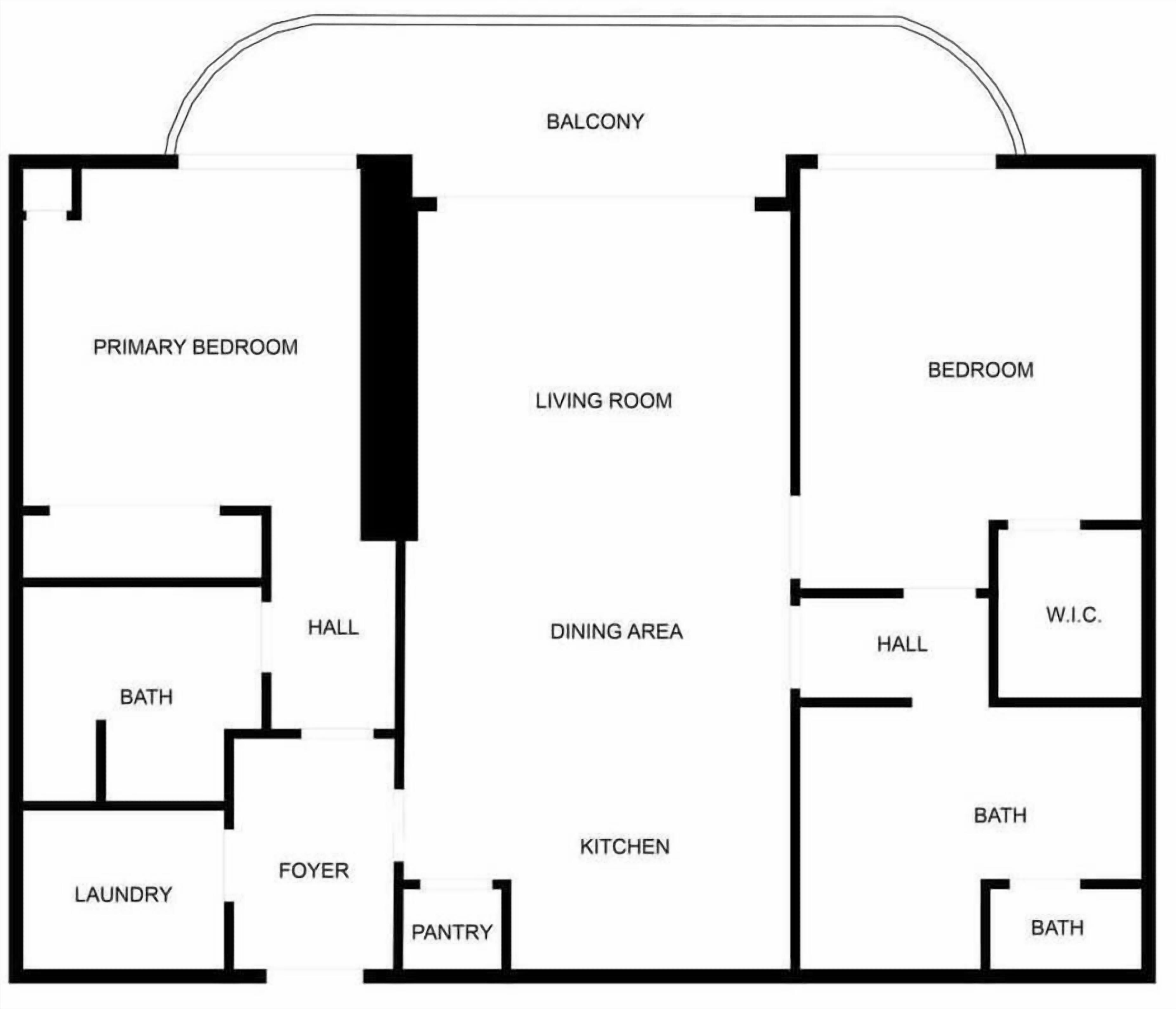 Un plan d’étage comprenant une chambre principale, un salon, un coin repas, une cuisine et un balcon.