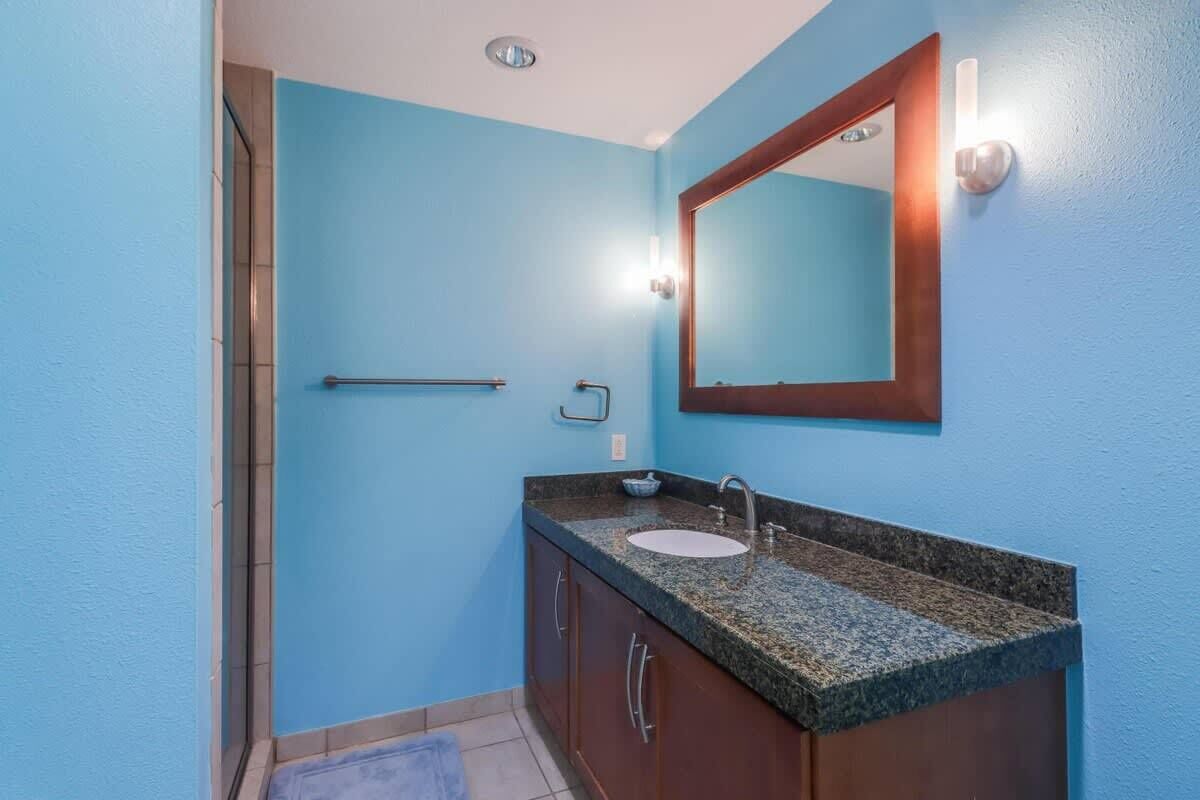 Ein Badezimmer mit blauer Wand, einer Granit-Arbeitsfläche, einem Waschbecken, einem Spiegel und einer Duschkabine.