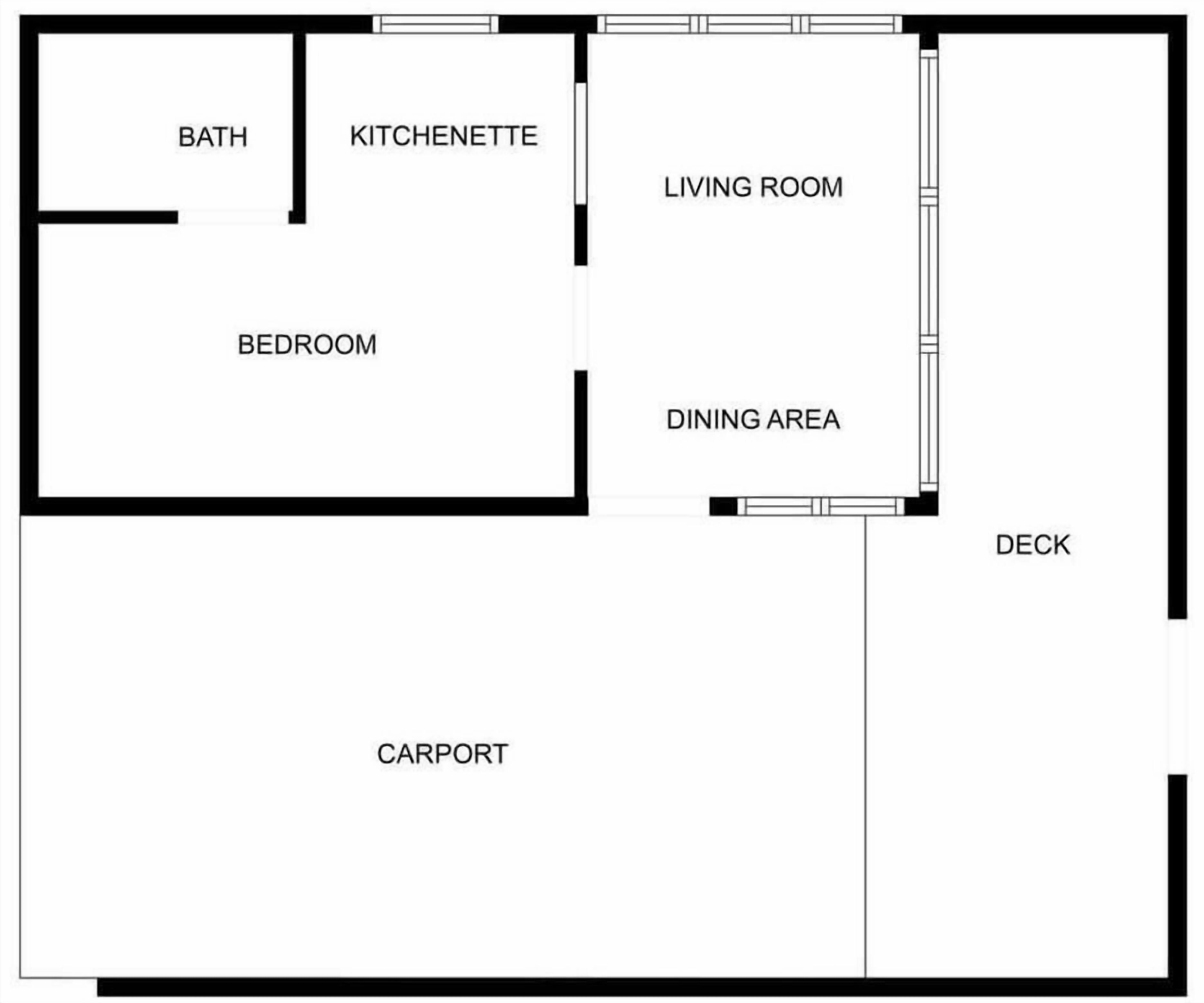 A floor plan with a bedroom, bathroom, kitchenette, living room, dining area, carport, and deck.