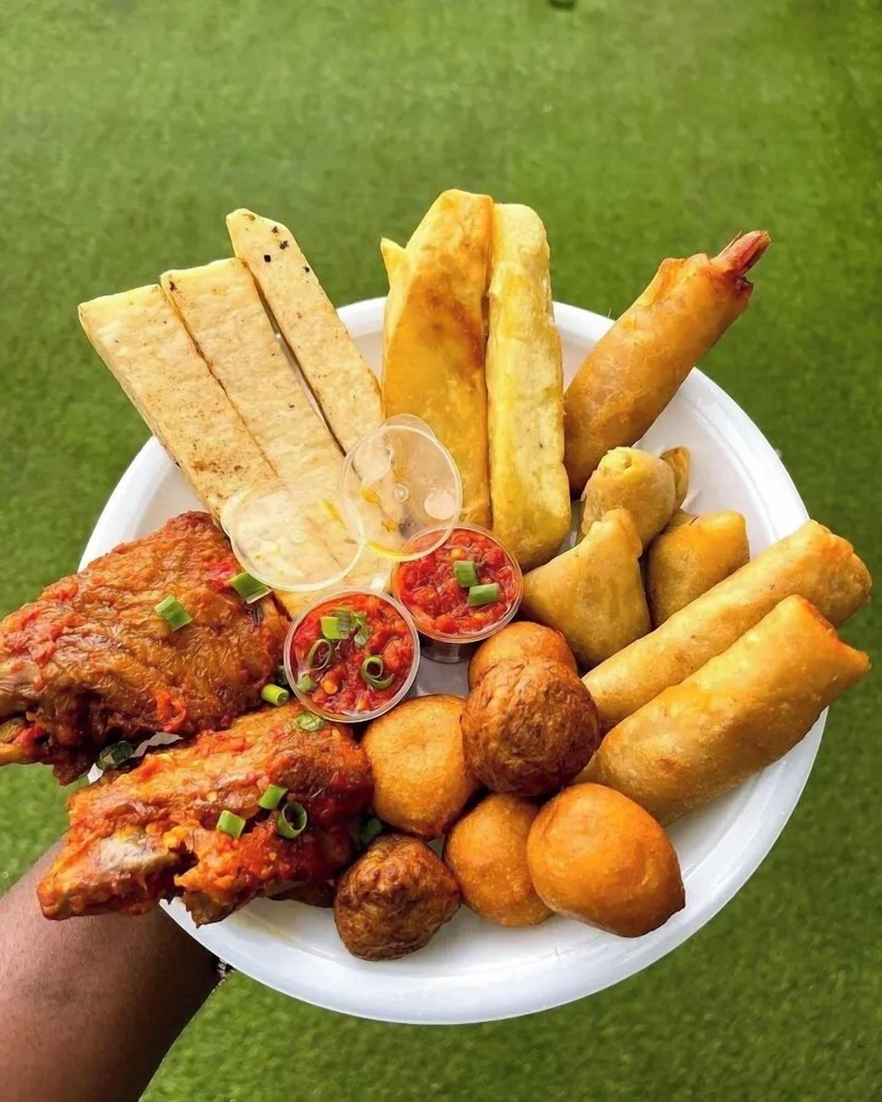Un plato de comida frita que incluye palitos de pan, rollitos primavera y un muslo de pollo con salsa.