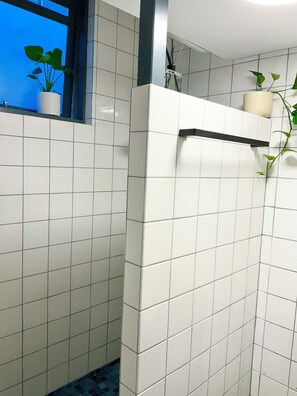 Douche, séchoir à cheveux, serviettes fournies, savon