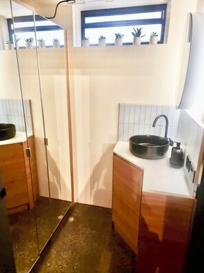 Chuveiro, secador de cabelo, toalhas de banho, sabonete