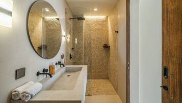 Shower, free toiletries, hair dryer, towels