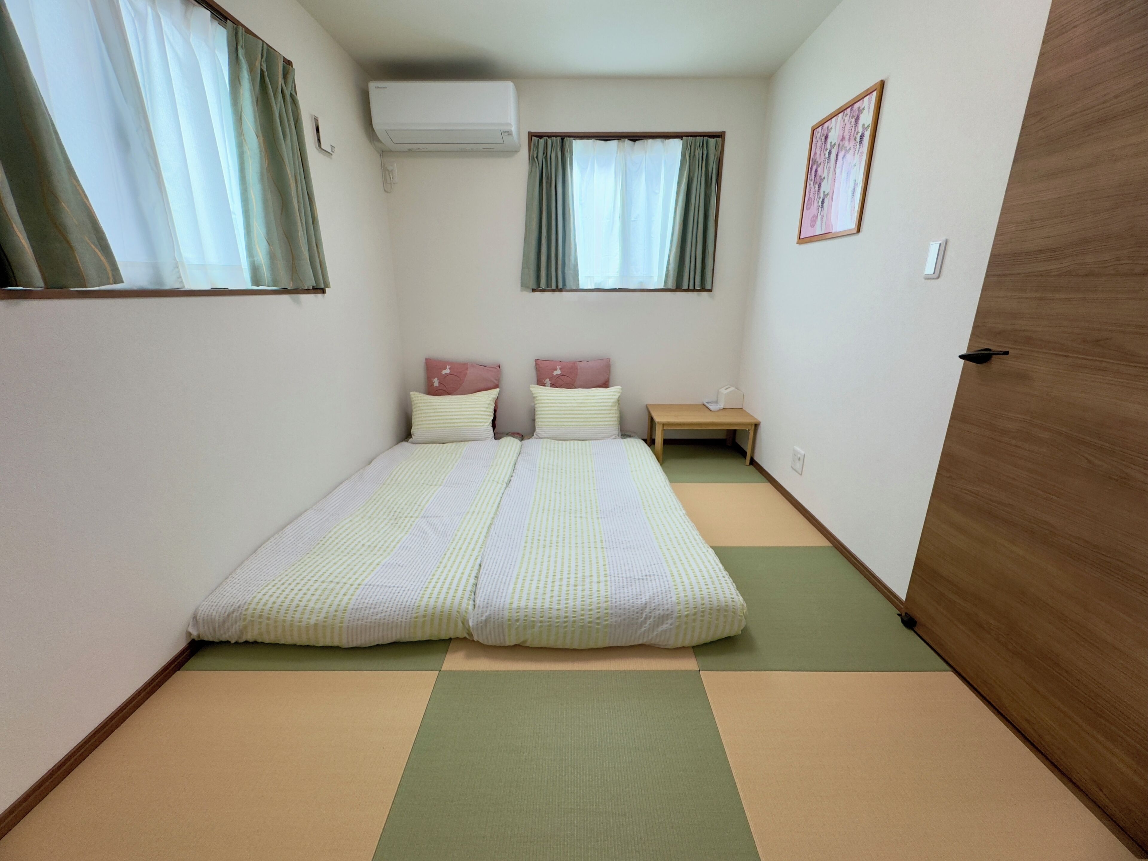 Desk, laptop workspace, blackout curtains, iron/ironing board