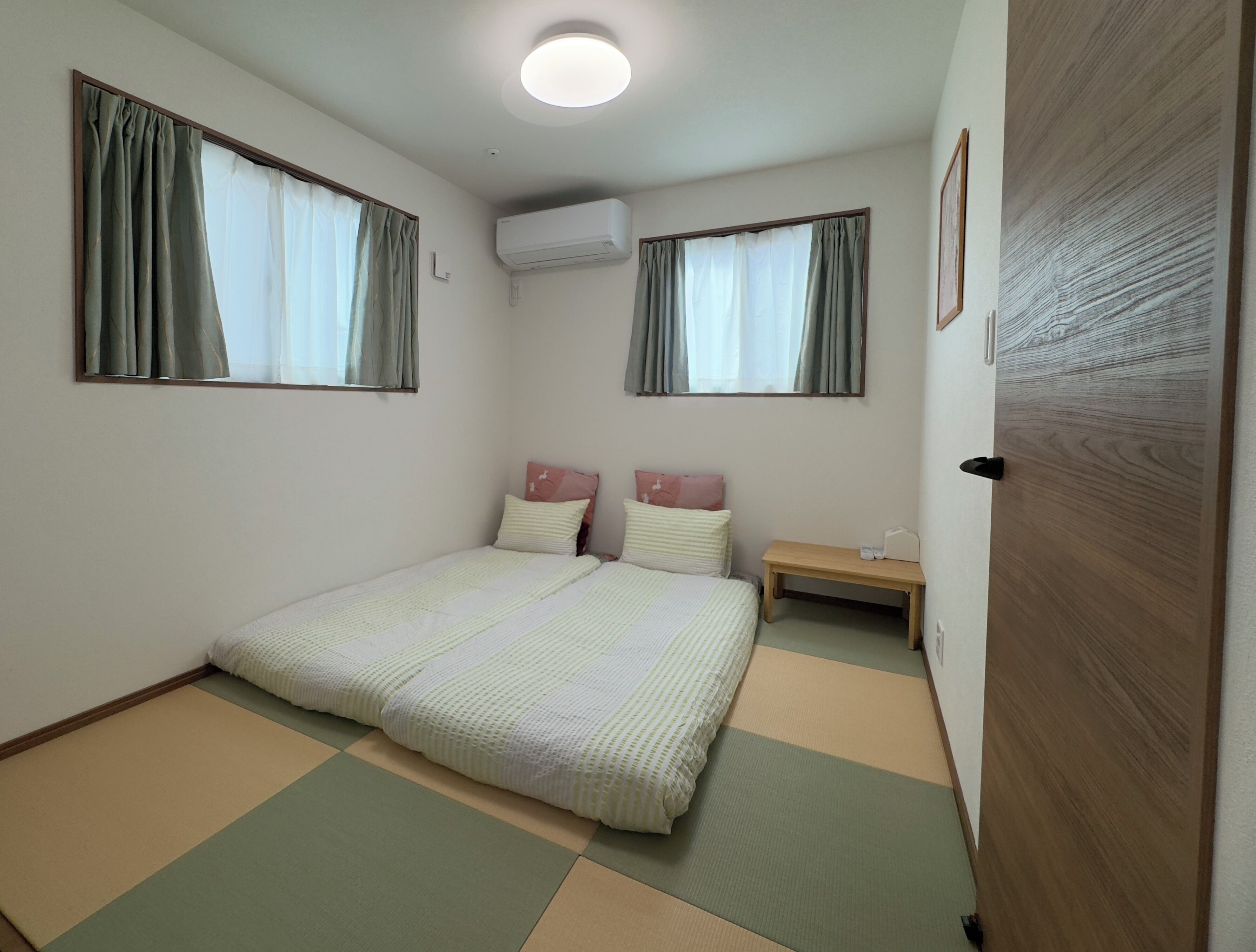 Desk, laptop workspace, blackout curtains, iron/ironing board