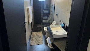 A narrow, modern bathroom with a glass shower enclosure, a white sink, and a small rug on the floor.