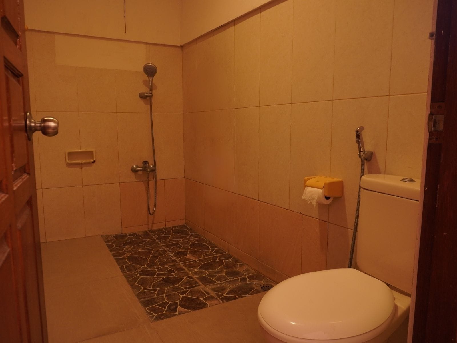A bathroom with a shower, toilet, and a small shelf.