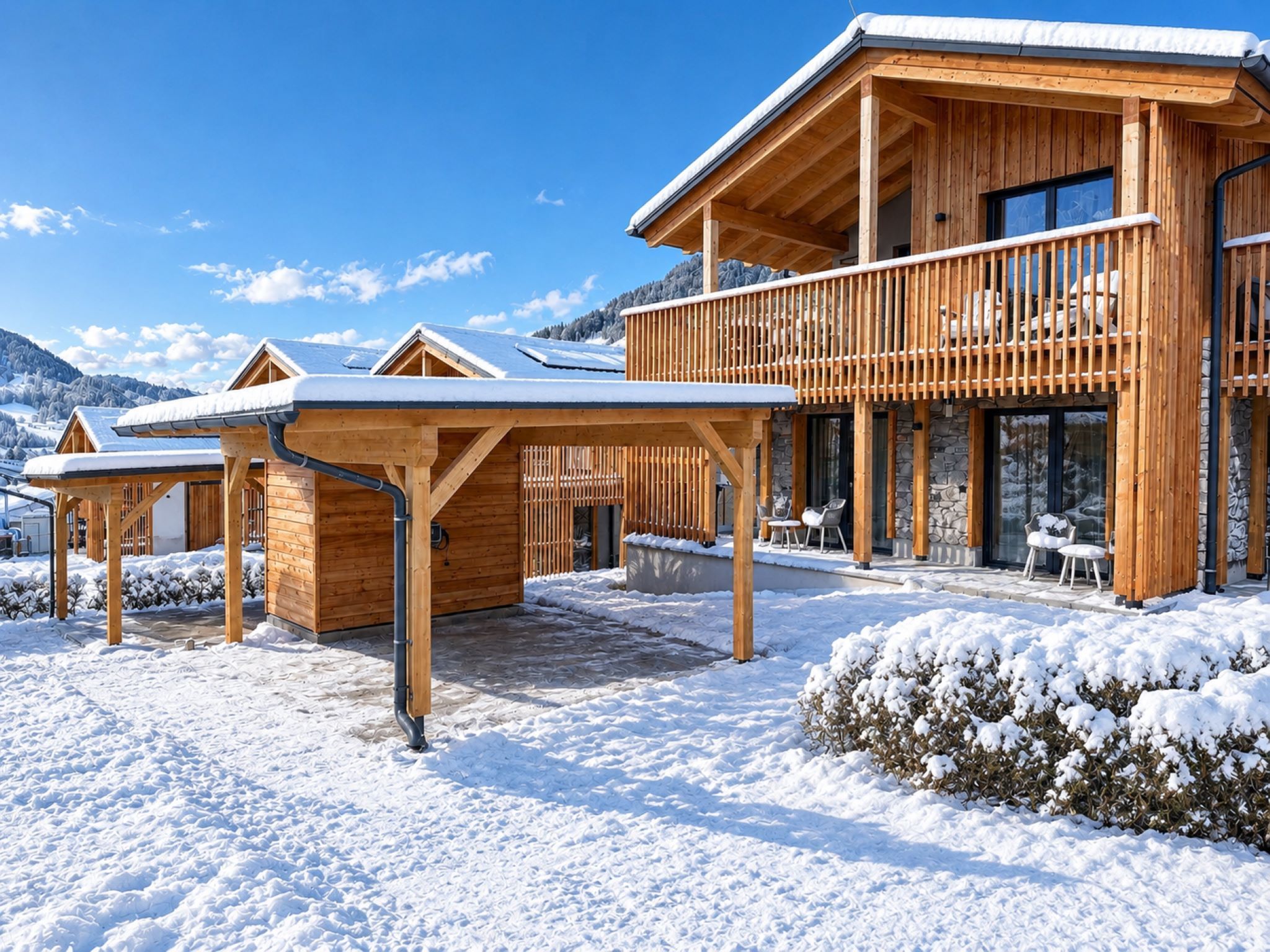 Un chalet en bois doté d’un balcon, d’une terrasse couverte et offrant une vue sur des montagnes enneigées.