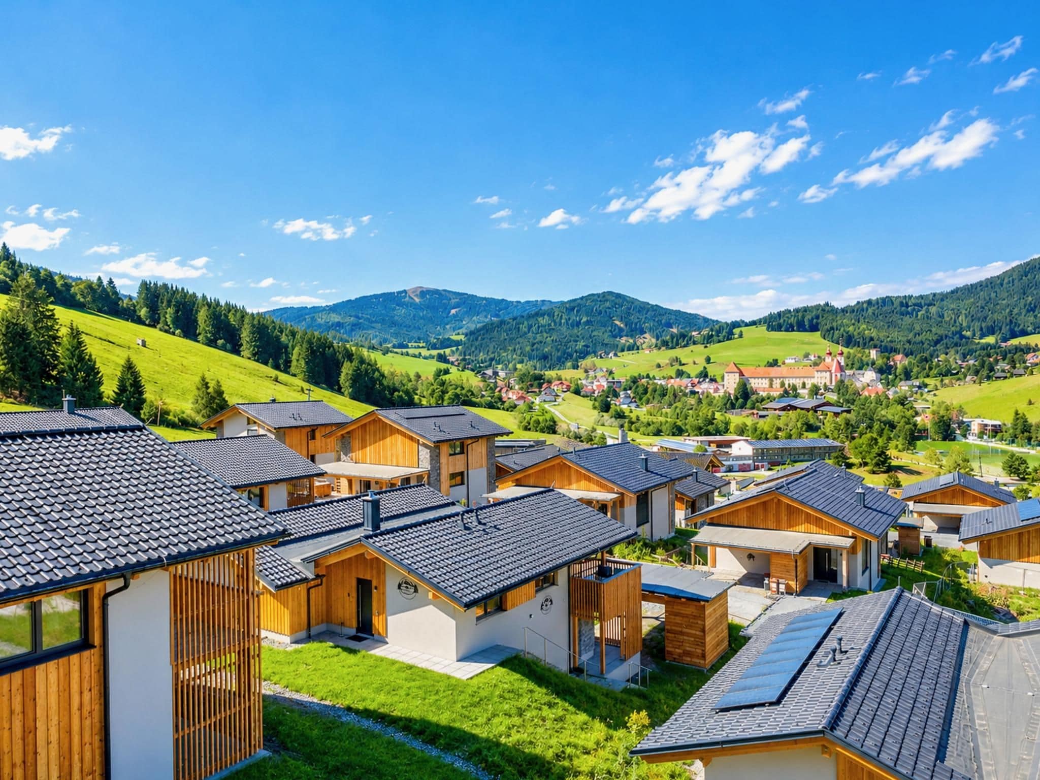 A cluster of modern wooden cabins with sloped roofs, surrounded by lush green fields and mountains in the background.