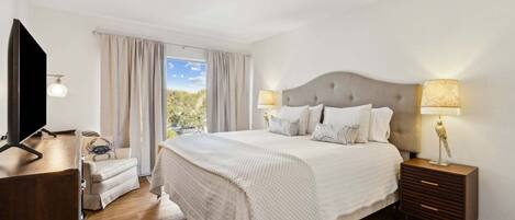 A bedroom with a bed, bedside tables, a TV, a sofa, and a window with curtains.