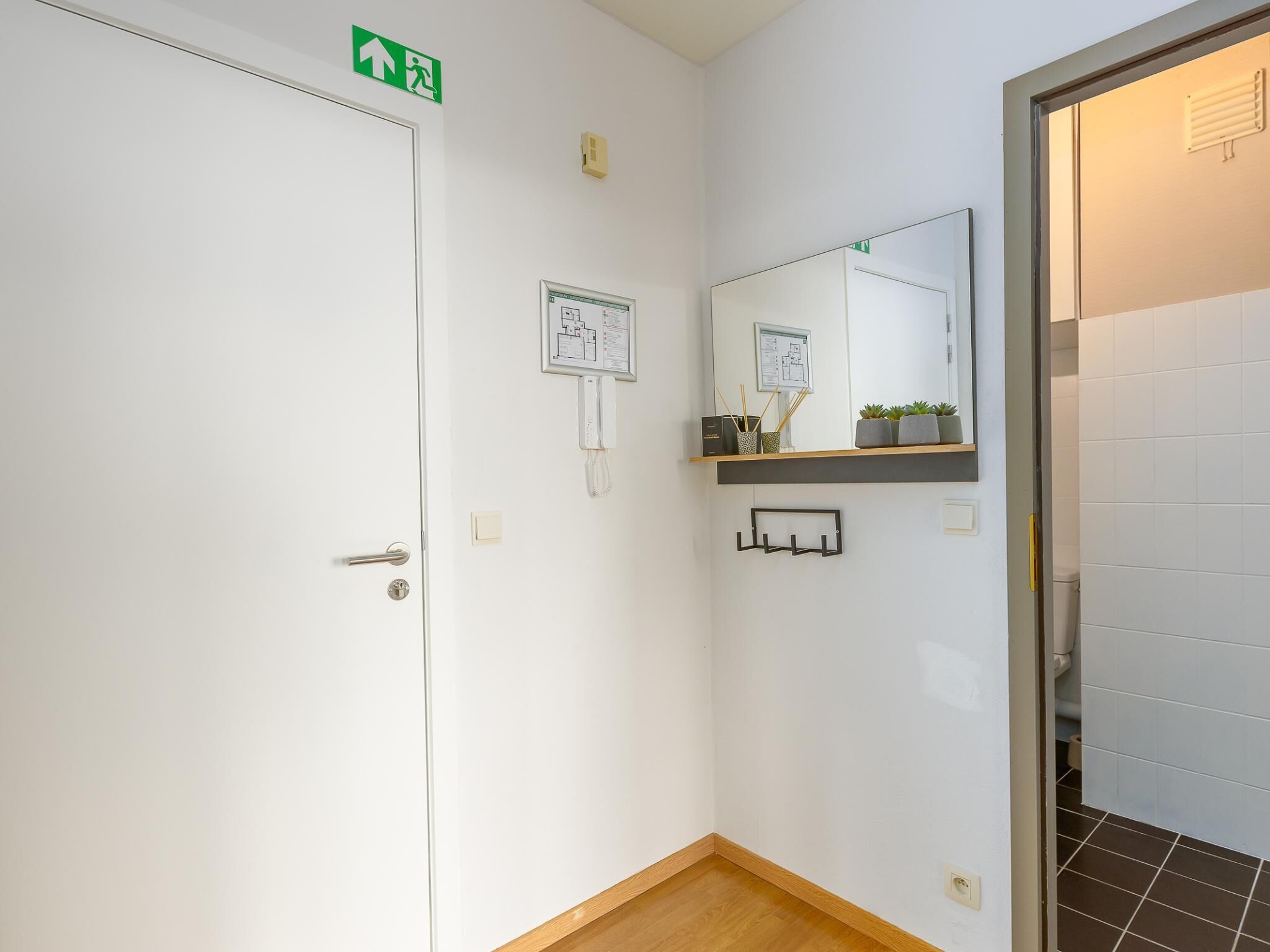 Un pasillo con una puerta blanca, un teléfono en la pared, un mapa enmarcado, un espejo y una estantería con plantas.