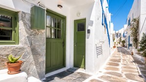A narrow stone-paved street with white buildings, green doors, and potted plants. - Paros Studio 8th Central Naousa (Naousa)