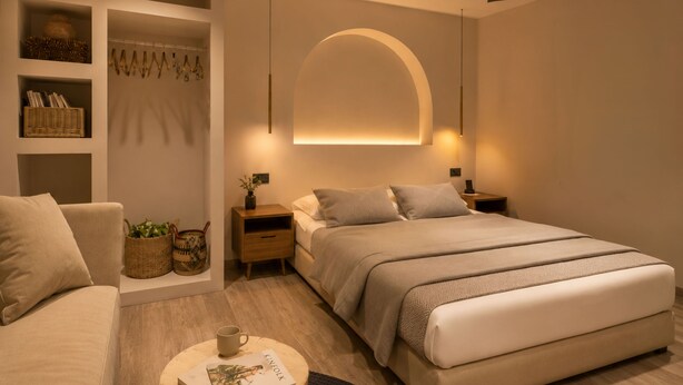 A modern bedroom with a bed, nightstands, a sofa, a reading table, and built-in shelving. - Paros Studio 8th Central Naousa (Naousa)