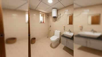 Shower, towels, soap, toilet paper