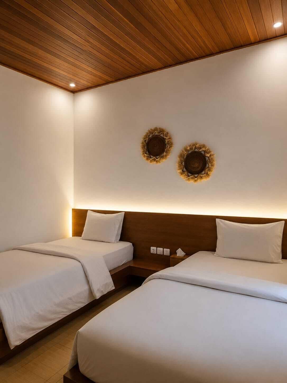 Ein Hotelzimmer mit zwei Betten, einem Holzkopfstück und Wanddekorationen.