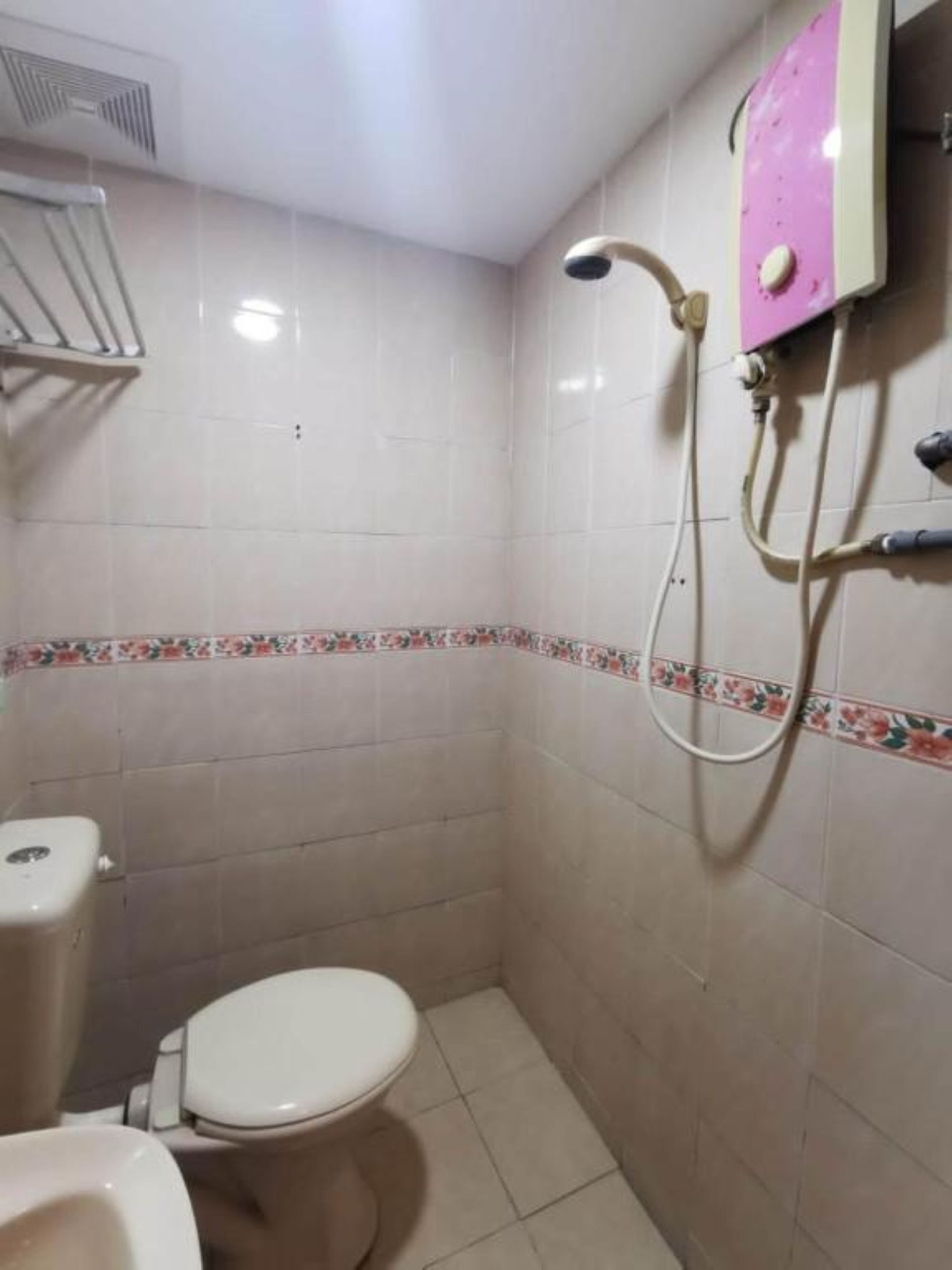 A small bathroom with a toilet, a shower, and a tiled wall.
