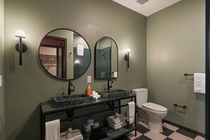 A bathroom with a sink, mirror, toilet, and towel rack. - Superior Suite - Unit 401 (Nashville)