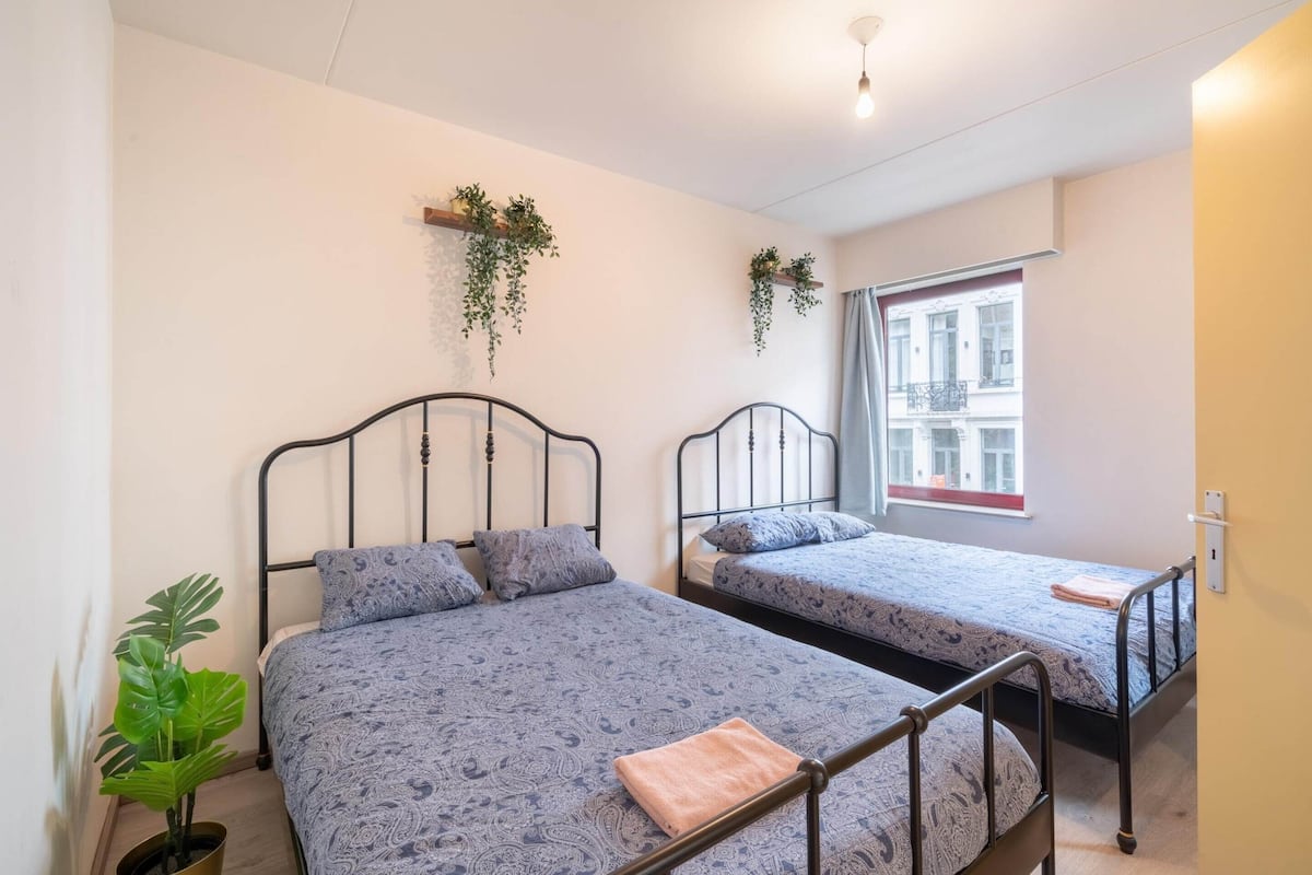 A room with two beds, a potted plant, and a window with a view of buildings.