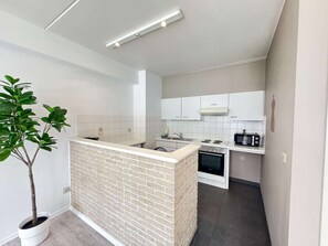 Apartamento elite, 3 quartos | Cozinha privada | Geladeira, micro-ondas, fogão, cooktop