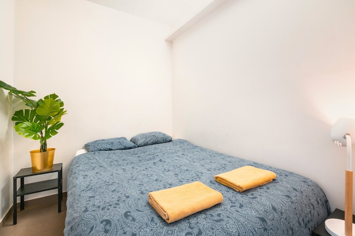 A bedroom with a bed, pillows, a plant, a bedside table, and a lamp.