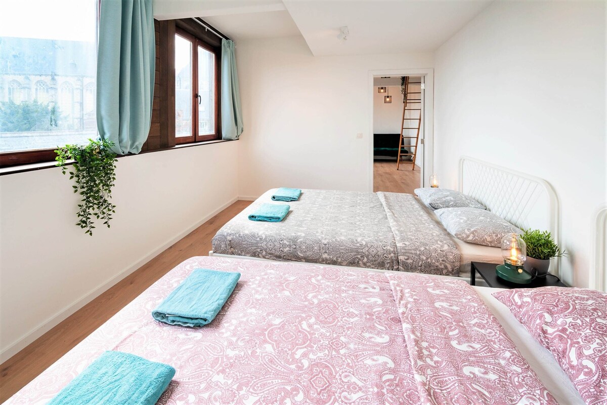 A room with two beds, a window with curtains, a hanging plant, and a small bedside table with a lamp.