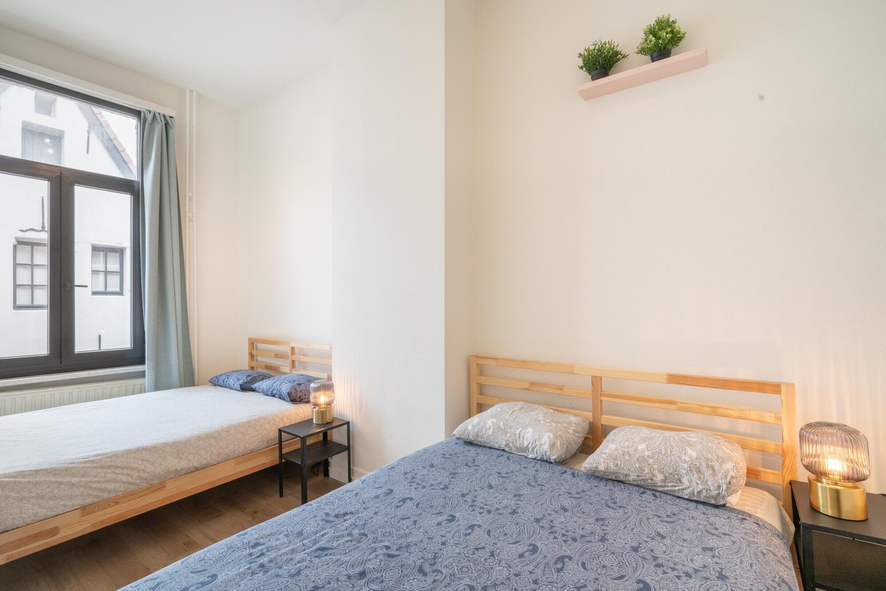 A bedroom with two beds, a window, a bedside table with a lamp, and a small shelf with plants.
