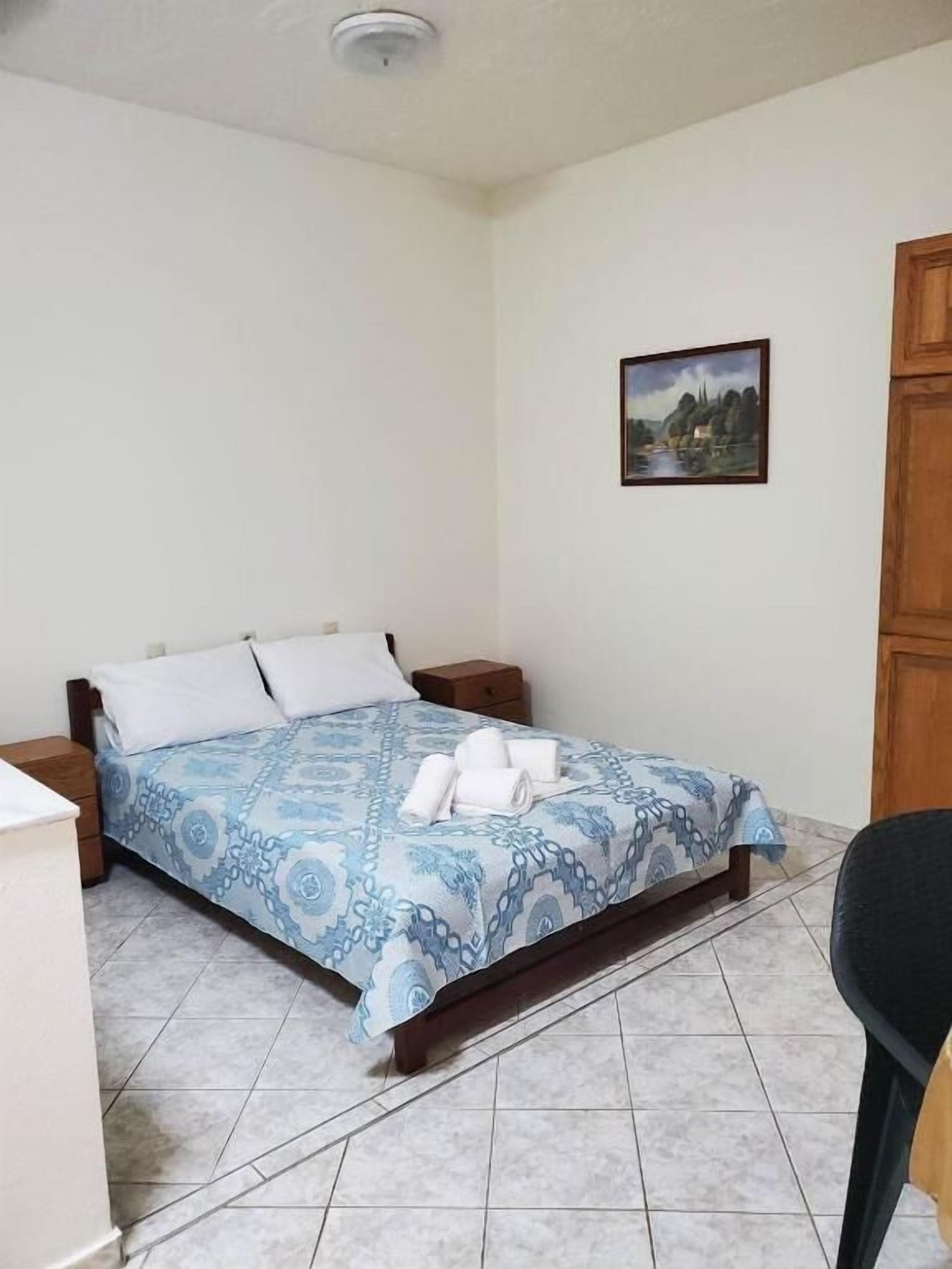 A bedroom with a bed, a nightstand, a chair, a wooden door, and a framed picture on the wall.