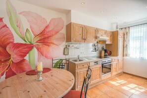 Private kitchen - Beautiful, bright vacation apartments with use of sauna world, natural swimming pond, carport, (Wertach)