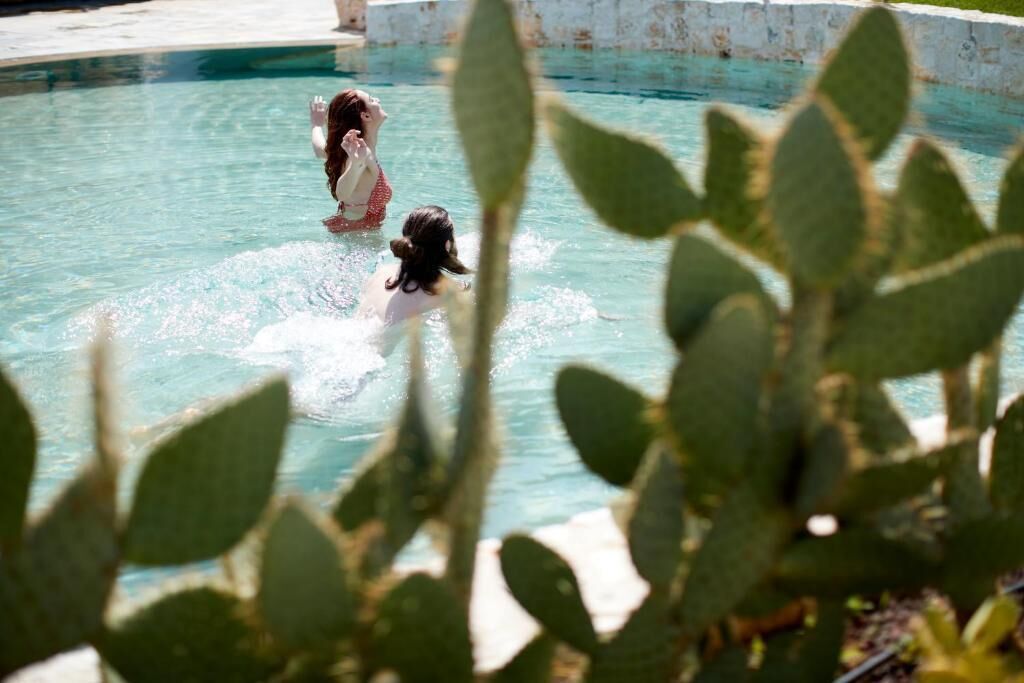 A swimming pool with clear water, surrounded by a white wall and some greenery in the foreground.